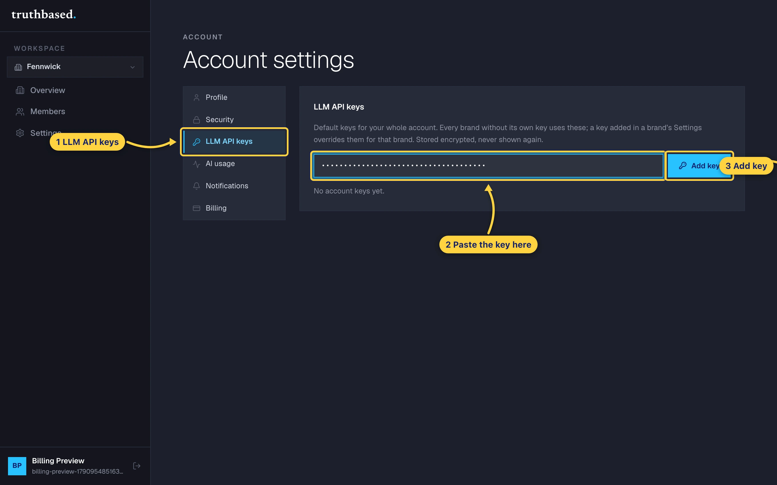 Account settings, the LLM API keys tab, the key field and the Add key button.