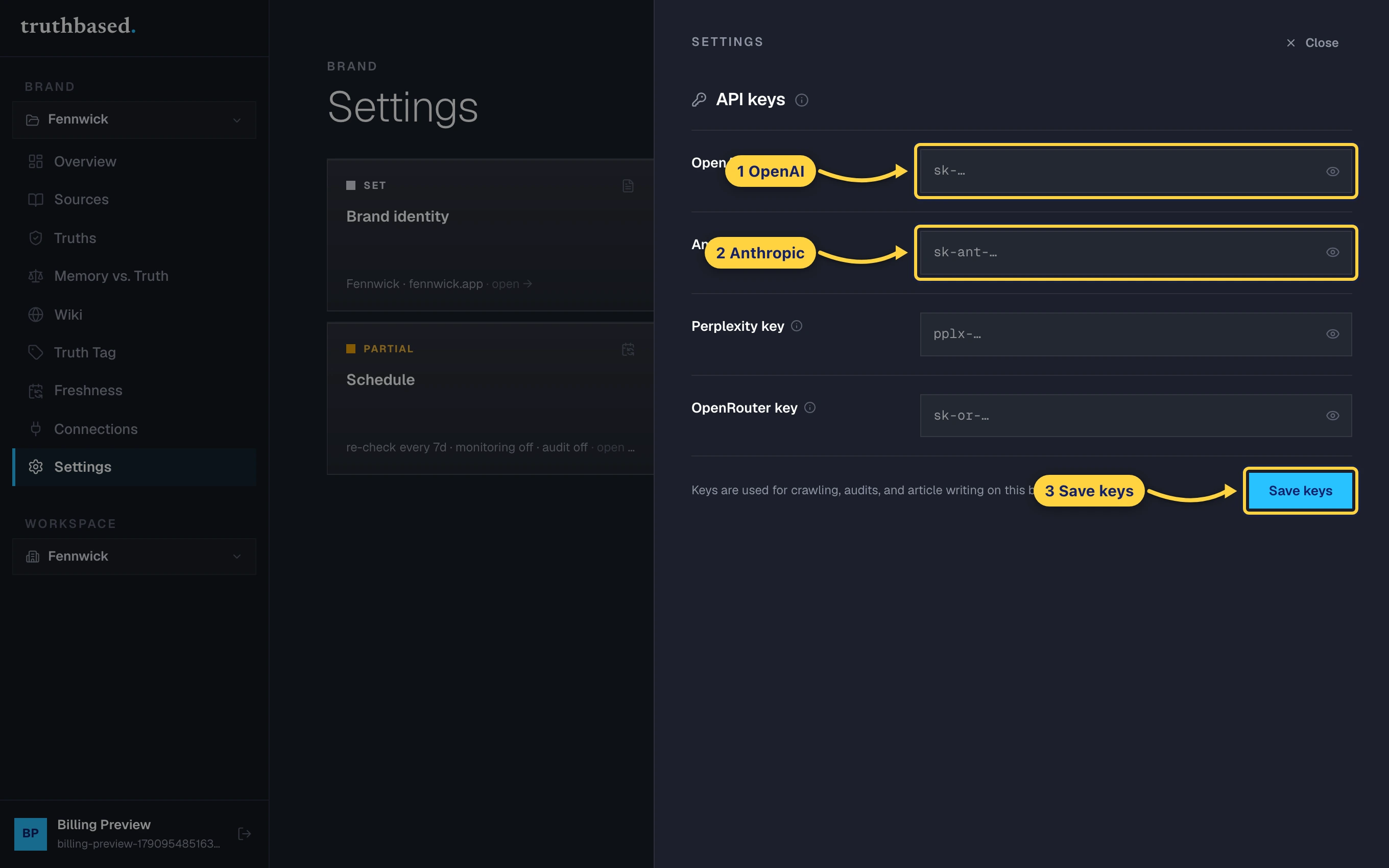 The brand's API keys drawer, one row per provider, and Save keys.