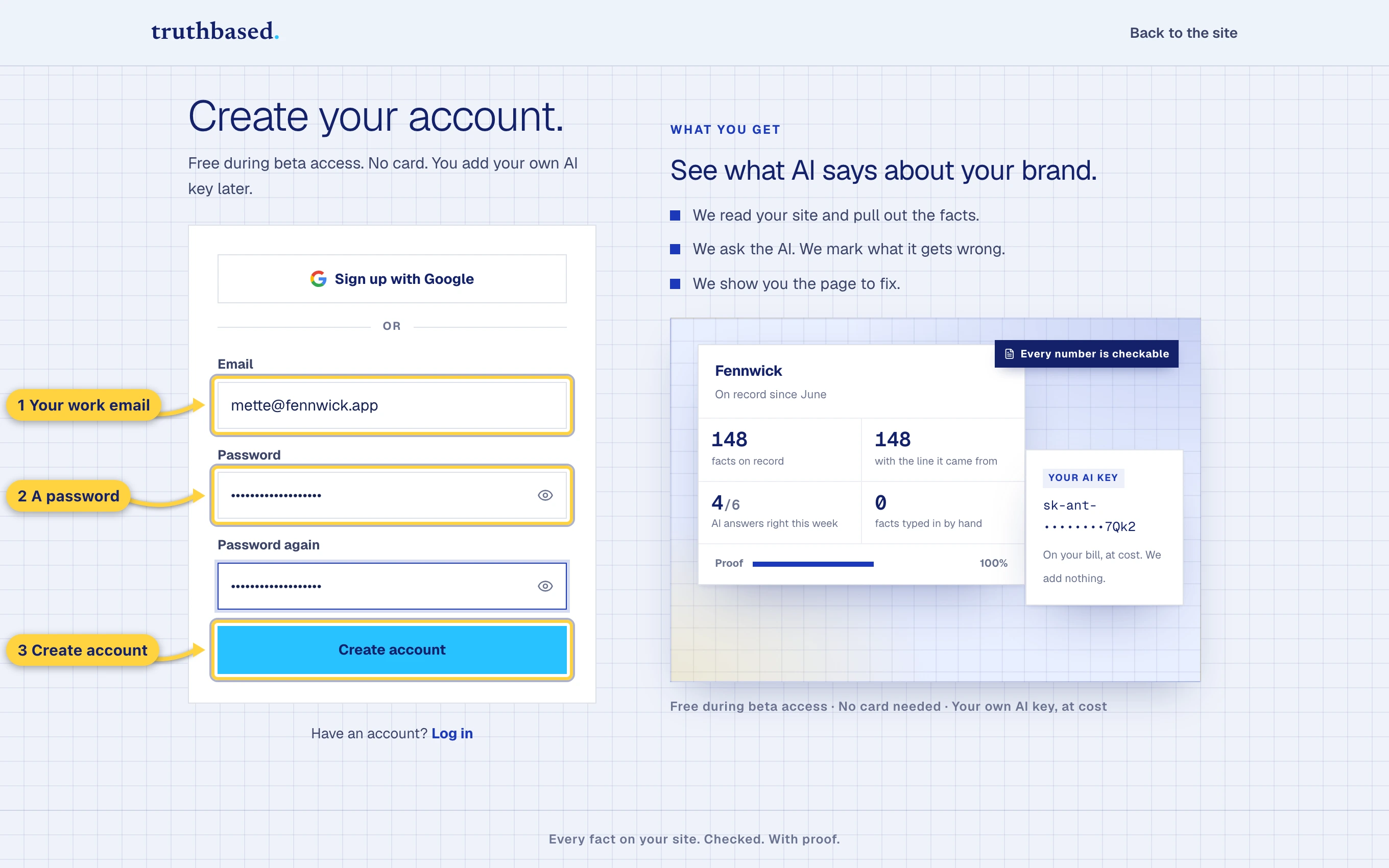 The sign-up form. Email, a password, and the Create account button.