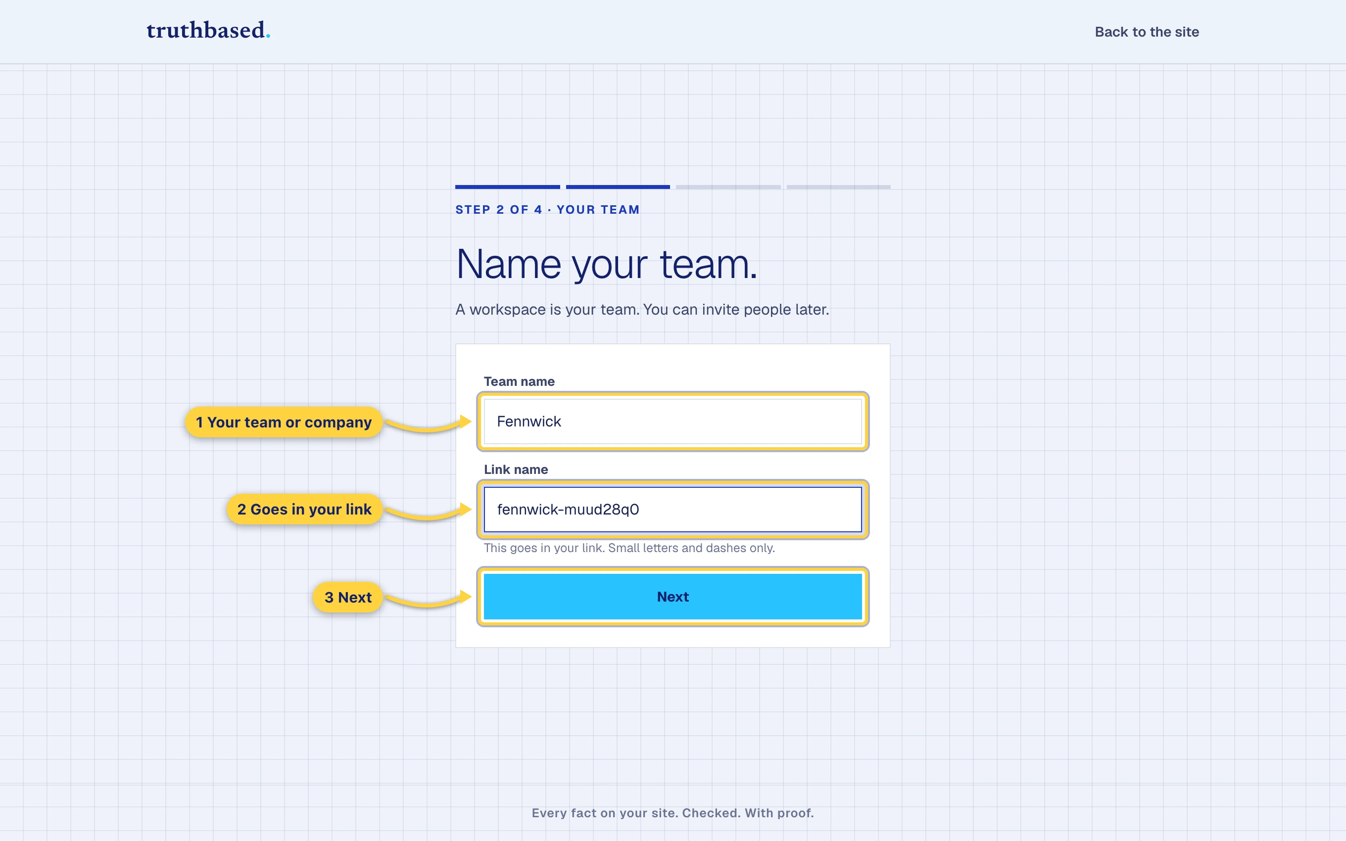 Team name and link name. Then Next.