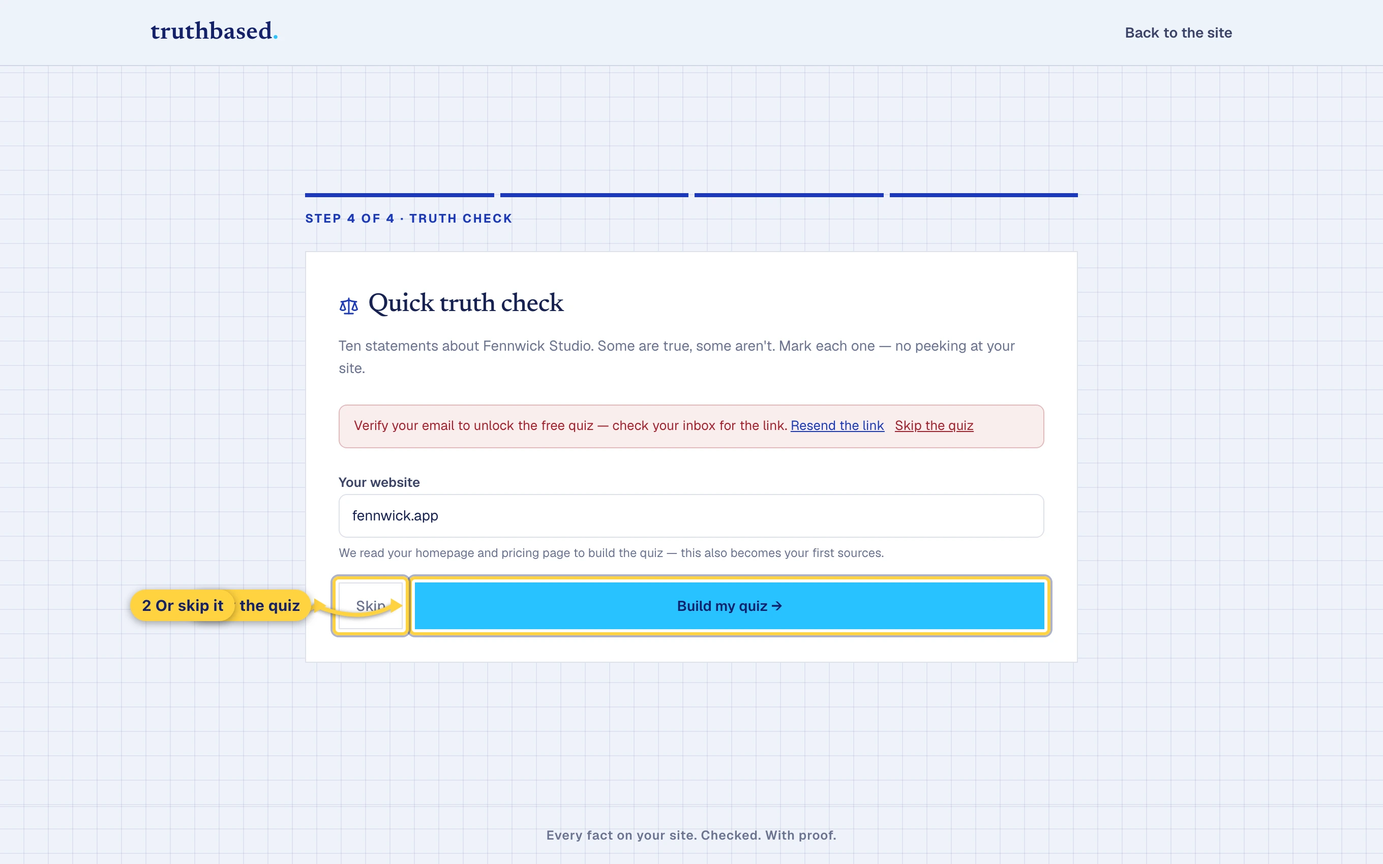 The quiz step. Build my quiz, or Skip.