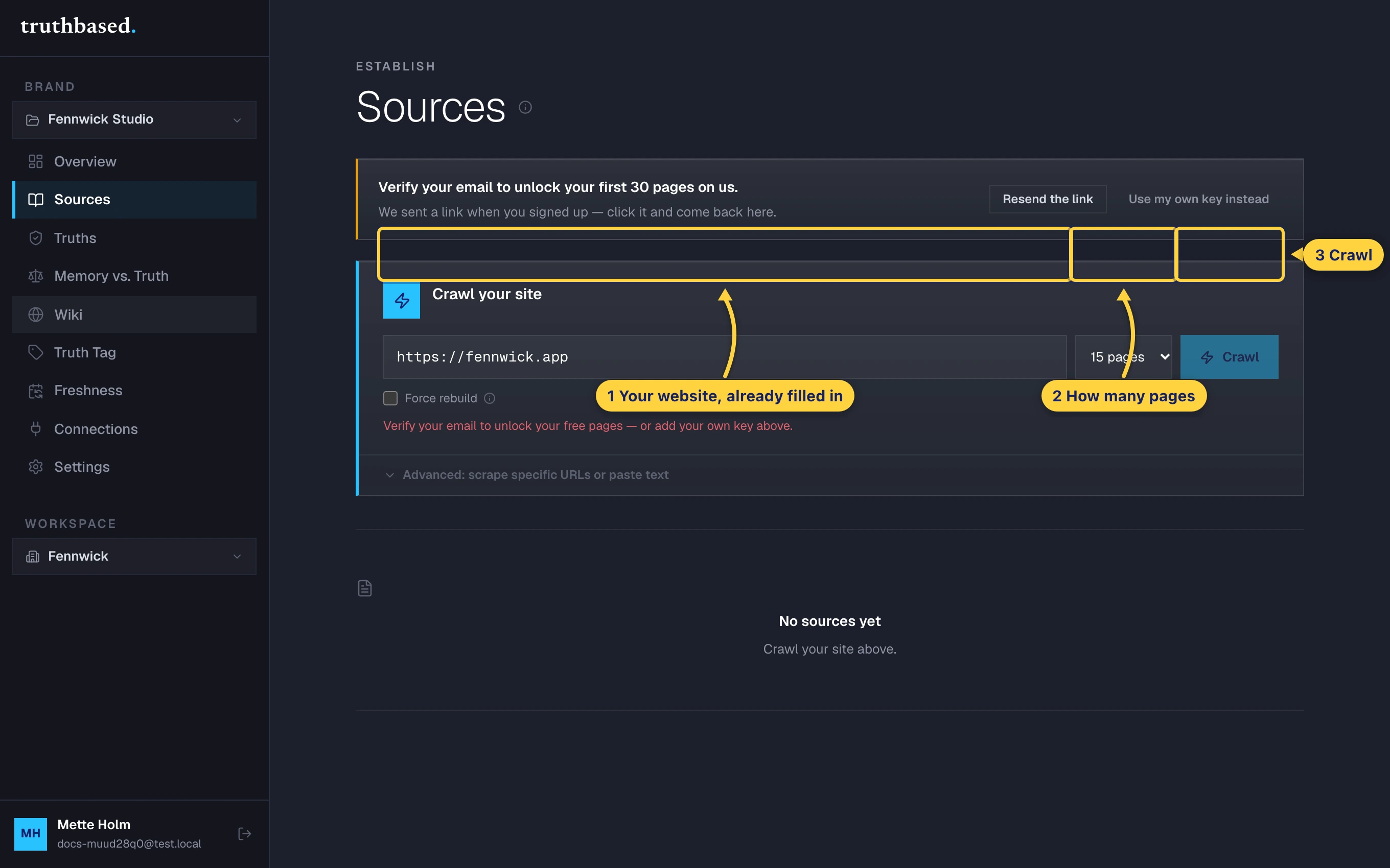 The Crawl your site box: your website, how many pages, and the Crawl button.