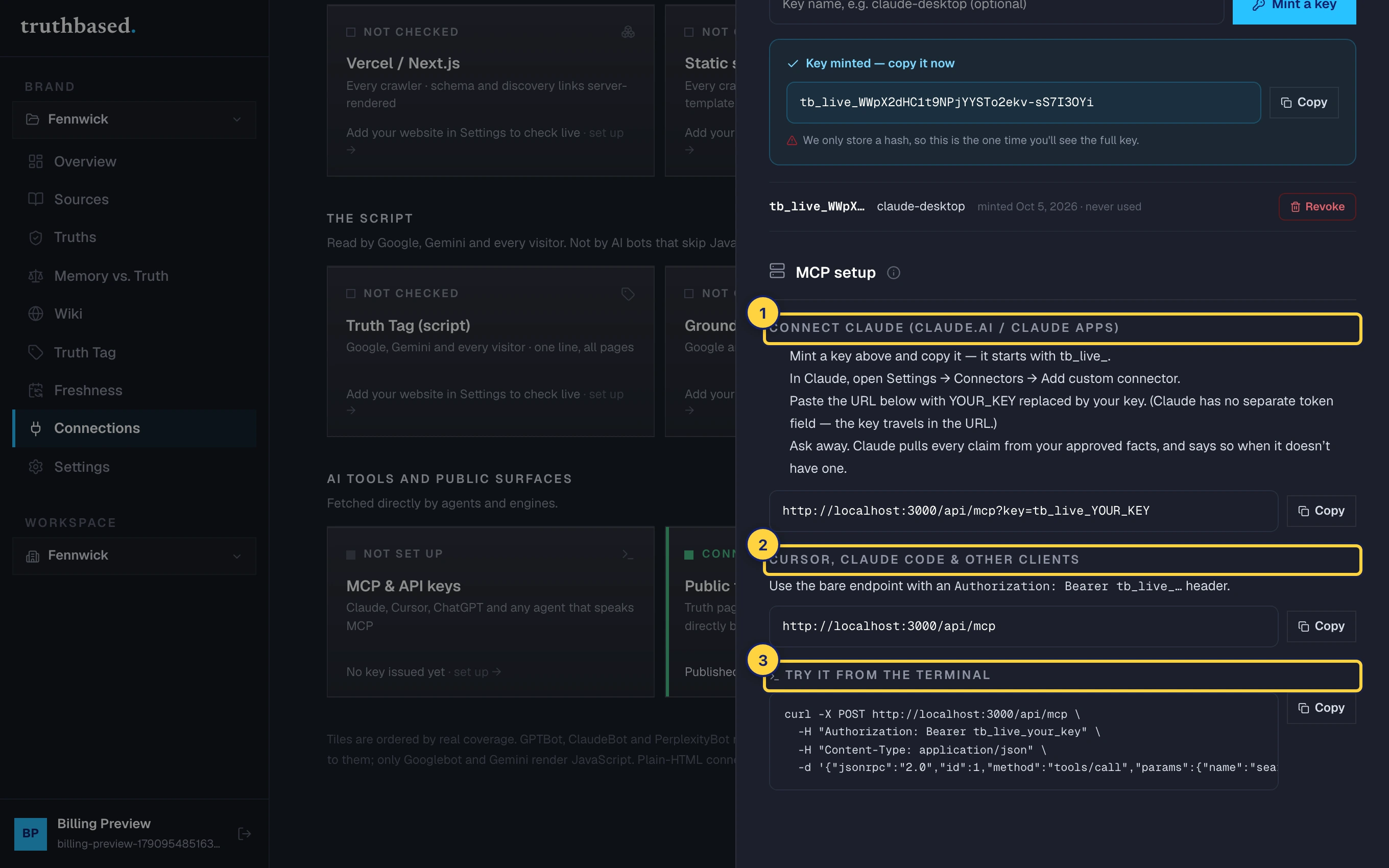 The MCP setup card. ① Connect Claude. ② Cursor, Claude Code and other clients. ③ Try it from the terminal.