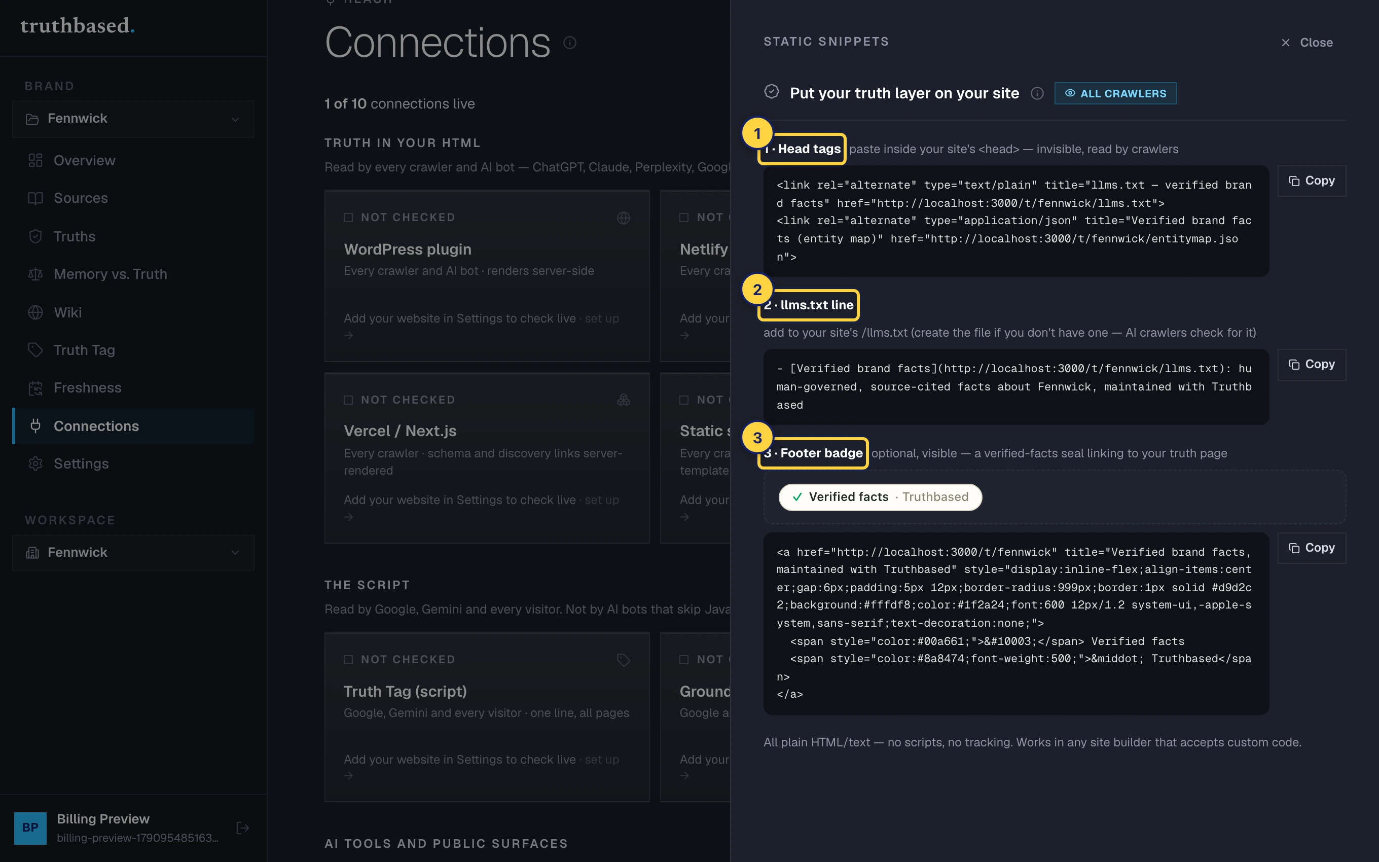 The Static snippets drawer. ① Head tags. ② The llms.txt line. ③ The footer badge.