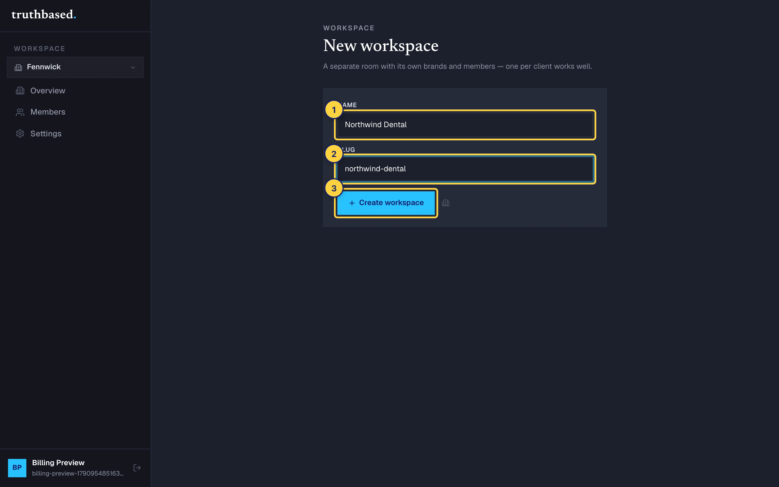 New workspace. ① Name. ② Slug. ③ Create workspace.