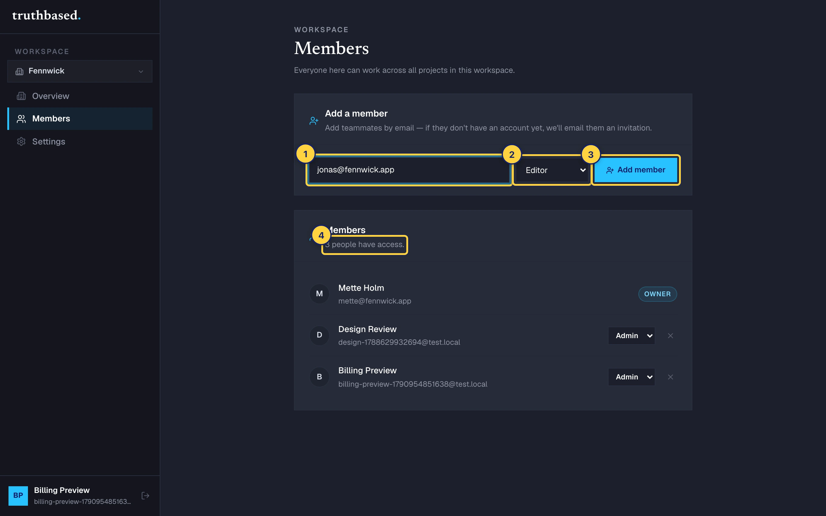 Members. ① Email. ② Role. ③ Add member. ④ Everyone who has access, with their role.